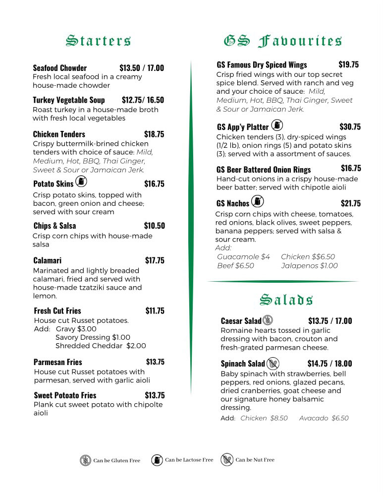 Green Sleeves Winter Menu page 1